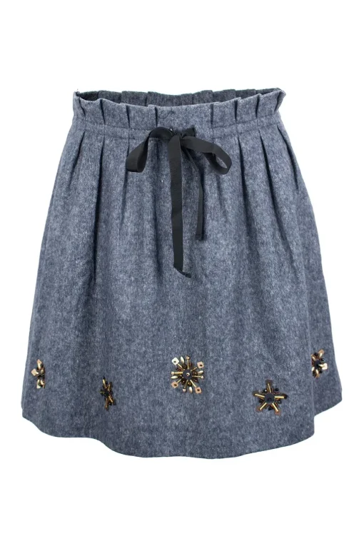 Blue wool mini skirt with bronze bead embellishment