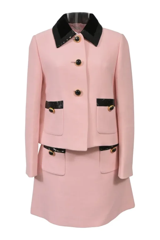 Blush and black sequined cady two-piece suit set featuring point collar tailored jacker and mini skirt with hip patch pockets