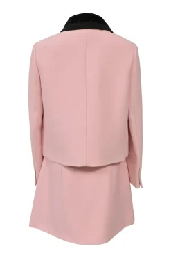 Blush and black sequined cady two-piece suit set featuring point collar tailored jacker and mini skirt with hip patch pockets