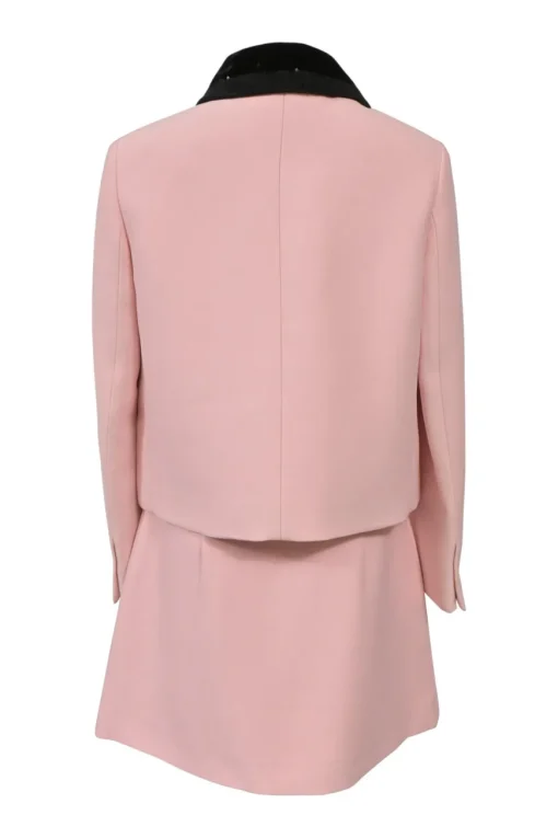 Blush and black sequined cady two-piece suit set featuring point collar tailored jacker and mini skirt with hip patch pockets