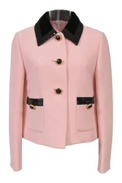 Blush and black sequined cady two-piece suit set featuring point collar tailored jacker and mini skirt with hip patch pockets