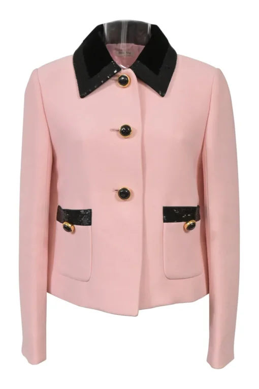 Blush and black sequined cady two-piece suit set featuring point collar tailored jacker and mini skirt with hip patch pockets