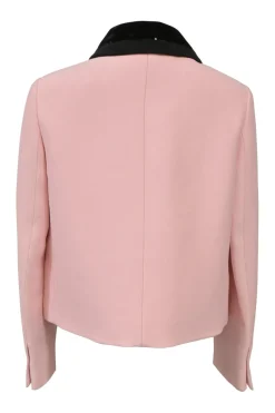 Blush and black sequined cady two-piece suit set featuring point collar tailored jacker and mini skirt with hip patch pockets