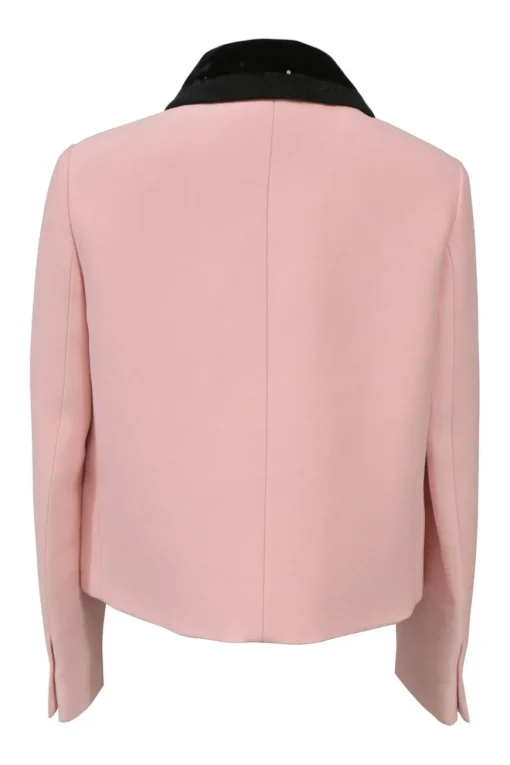 Blush and black sequined cady two-piece suit set featuring point collar tailored jacker and mini skirt with hip patch pockets