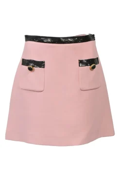 Blush and black sequined cady two-piece suit set featuring point collar tailored jacker and mini skirt with hip patch pockets