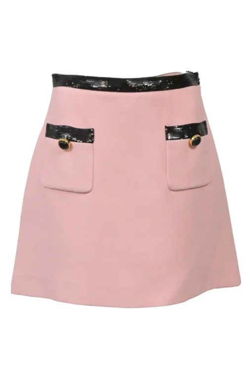 Blush and black sequined cady two-piece suit set featuring point collar tailored jacker and mini skirt with hip patch pockets