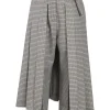 Blush and burgundy wool-blend check tweed pull-on high-rise knife-pleat belted apron trousers