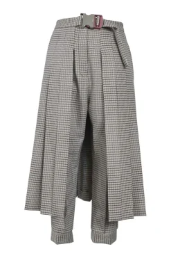Blush and burgundy wool-blend check tweed pull-on high-rise knife-pleat belted apron trousers