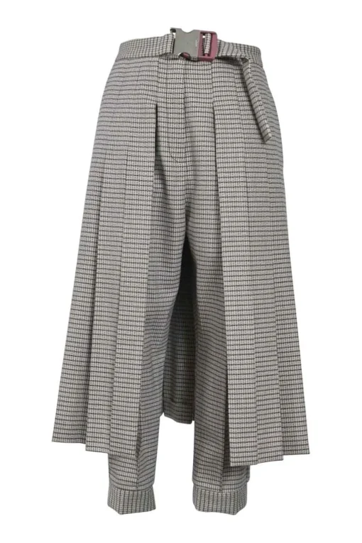 Blush and burgundy wool-blend check tweed pull-on high-rise knife-pleat belted apron trousers