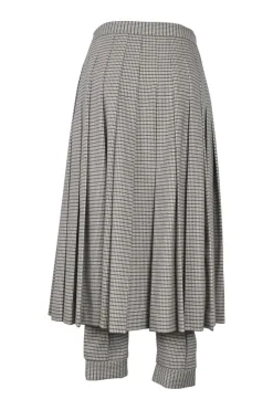 Blush and burgundy wool-blend check tweed pull-on high-rise knife-pleat belted apron trousers