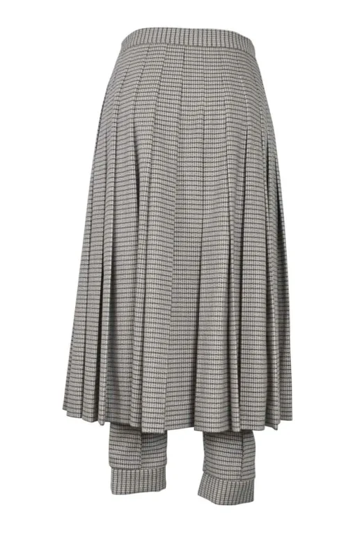 Blush and burgundy wool-blend check tweed pull-on high-rise knife-pleat belted apron trousers
