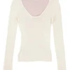 Blush and cream cashmere-silk blend paneled scoop back knit top
