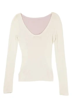 Blush and cream cashmere-silk blend paneled scoop back knit top