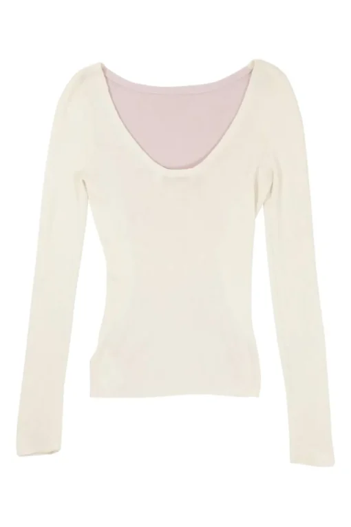 Blush and cream cashmere-silk blend paneled scoop back knit top