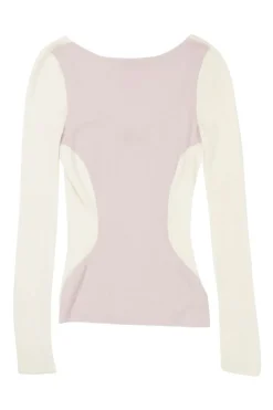 Blush and cream cashmere-silk blend paneled scoop back knit top