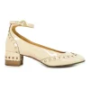 Blush brogued patent leather and leather block heel Mary Jane pumps with adjustable buckle ankle strap