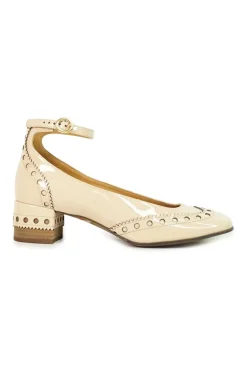 Blush brogued patent leather and leather block heel Mary Jane pumps with adjustable buckle ankle strap