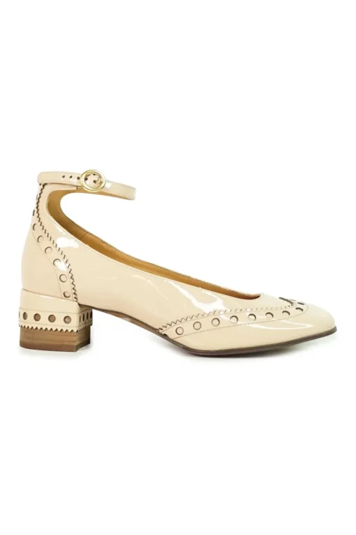 Blush brogued patent leather and leather block heel Mary Jane pumps with adjustable buckle ankle strap