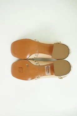 Blush brogued patent leather and leather block heel Mary Jane pumps with adjustable buckle ankle strap