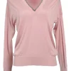 Blush cotton interlock jersey V-neck pullover sweater with strass-embellished neckline