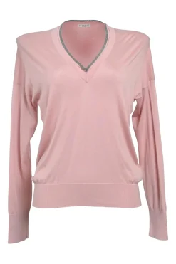 Blush cotton interlock jersey V-neck pullover sweater with strass-embellished neckline