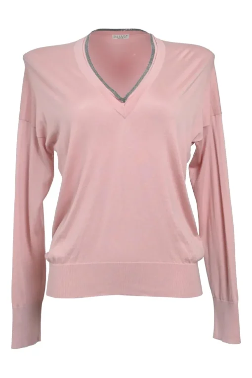 Blush cotton interlock jersey V-neck pullover sweater with strass-embellished neckline