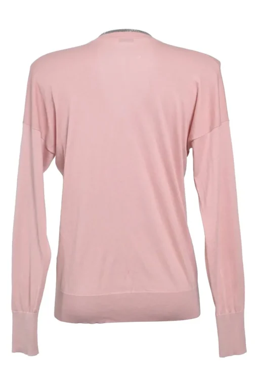Blush cotton interlock jersey V-neck pullover sweater with strass-embellished neckline
