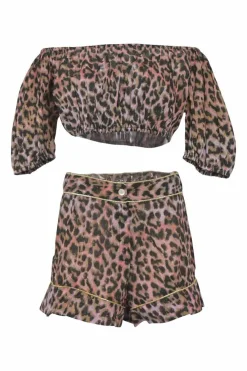 Blush cotton leopard print two piece set featuring off shoulder crop top and high waist shorts