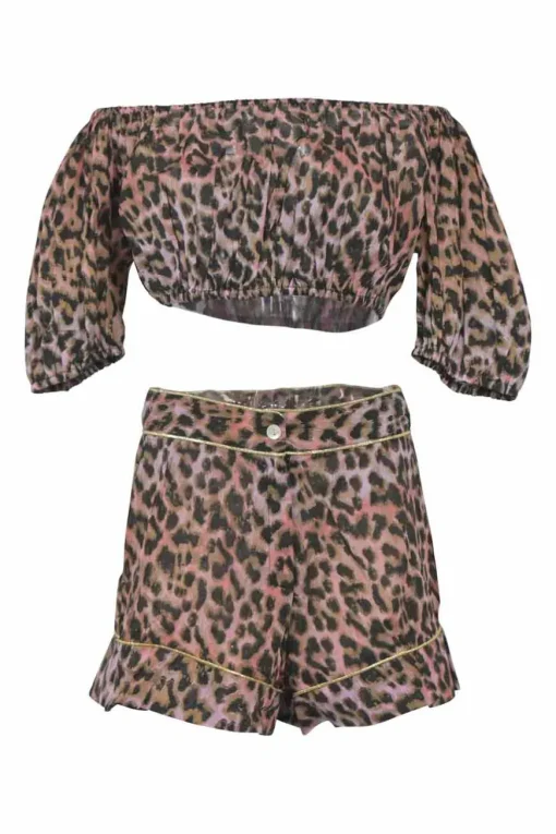 Blush cotton leopard print two piece set featuring off shoulder crop top and high waist shorts