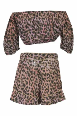 Blush cotton leopard print two piece set featuring off shoulder crop top and high waist shorts