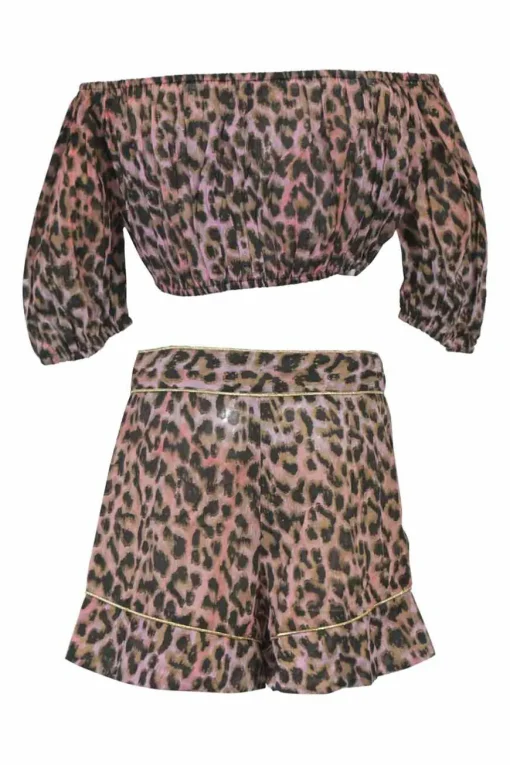 Blush cotton leopard print two piece set featuring off shoulder crop top and high waist shorts