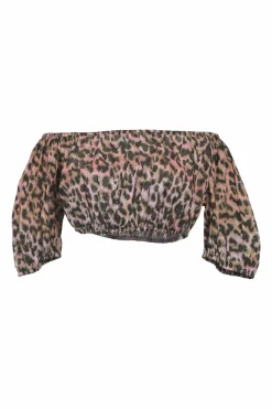 Blush cotton leopard print two piece set featuring off shoulder crop top and high waist shorts