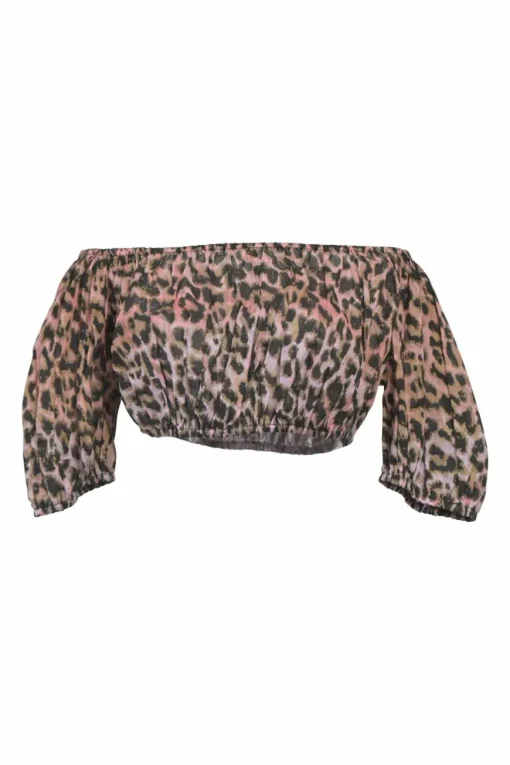 Blush cotton leopard print two piece set featuring off shoulder crop top and high waist shorts