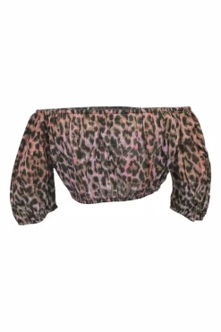 Blush cotton leopard print two piece set featuring off shoulder crop top and high waist shorts