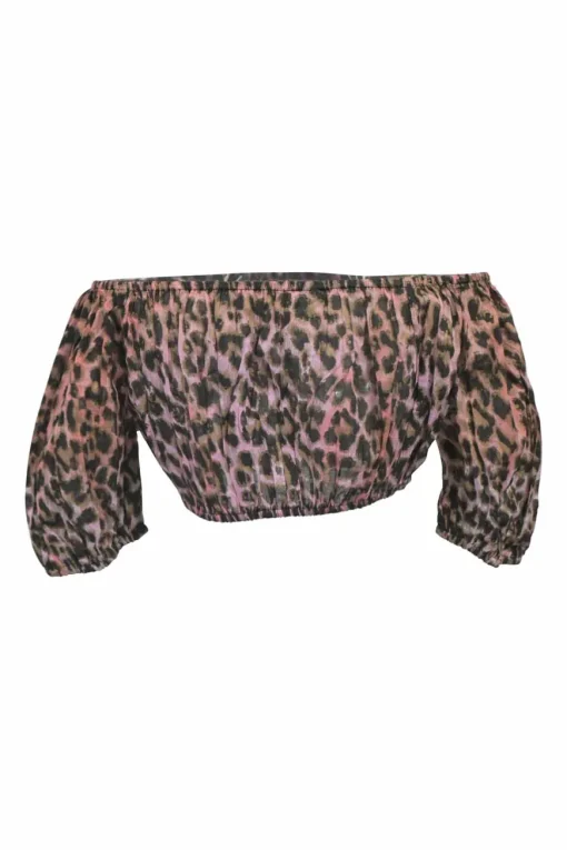 Blush cotton leopard print two piece set featuring off shoulder crop top and high waist shorts