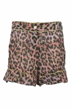 Blush cotton leopard print two piece set featuring off shoulder crop top and high waist shorts
