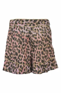 Blush cotton leopard print two piece set featuring off shoulder crop top and high waist shorts