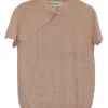Blush cotton Qipao-style pullover cap sleeve knit top featuring bamboo broderie motif