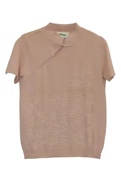 Blush cotton Qipao-style pullover cap sleeve knit top featuring bamboo broderie motif