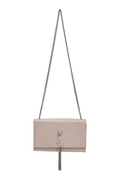 Blush croc-embossed leather Kate tassel chain bag with silver-tone metallic hardware