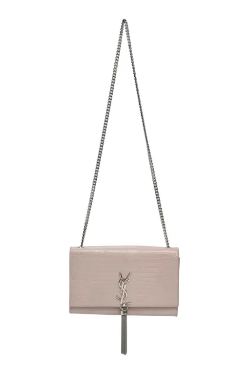 Blush croc-embossed leather Kate tassel chain bag with silver-tone metallic hardware