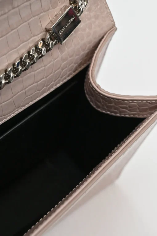 Blush croc-embossed leather Kate tassel chain bag with silver-tone metallic hardware