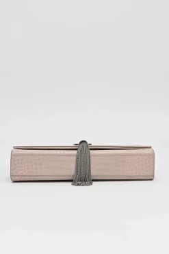 Blush croc-embossed leather Kate tassel chain bag with silver-tone metallic hardware