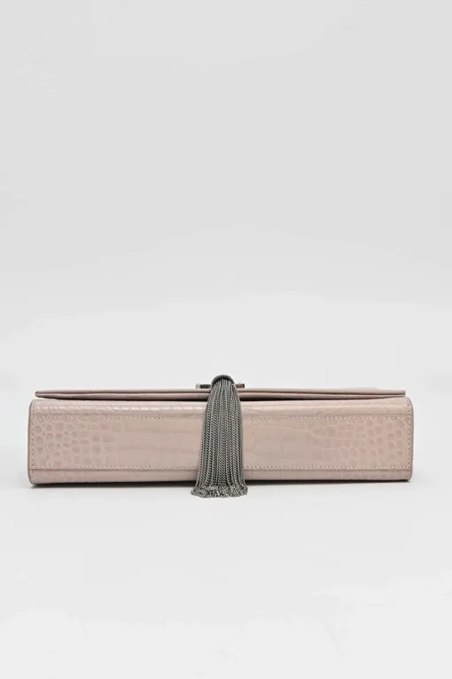 Blush croc-embossed leather Kate tassel chain bag with silver-tone metallic hardware