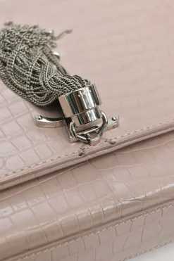 Blush croc-embossed leather Kate tassel chain bag with silver-tone metallic hardware