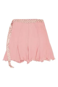Blush draped crinkle silk handkerchief tie-waist mini skirt with grommet-embellished satin waistband