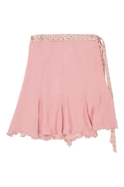 Blush draped crinkle silk handkerchief tie-waist mini skirt with grommet-embellished satin waistband