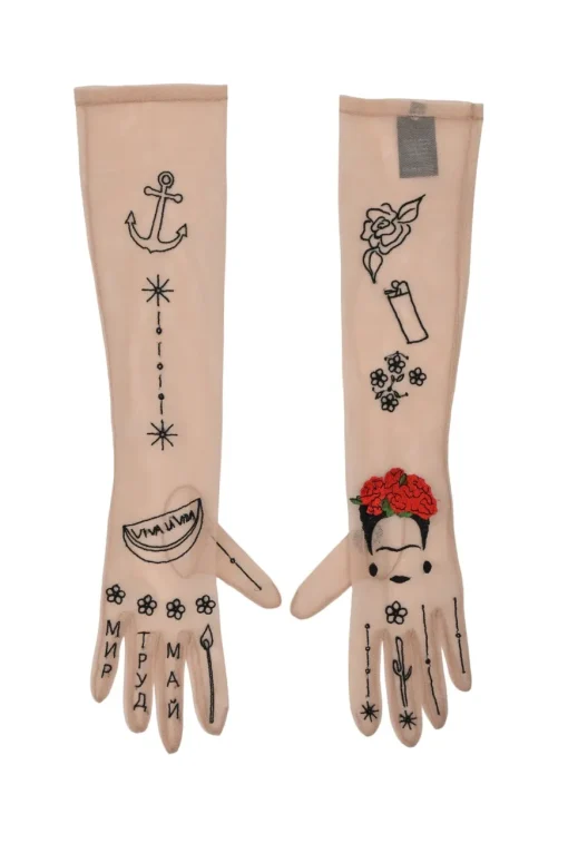 Blush embroidered polyester-blend tulle mesh Frida Kahlo opera gloves