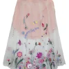 Blush floral-embroidered layered tule A-line pleated midi skirt