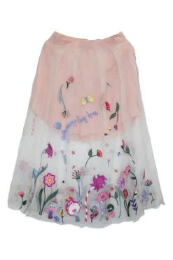 Blush floral-embroidered layered tule A-line pleated midi skirt